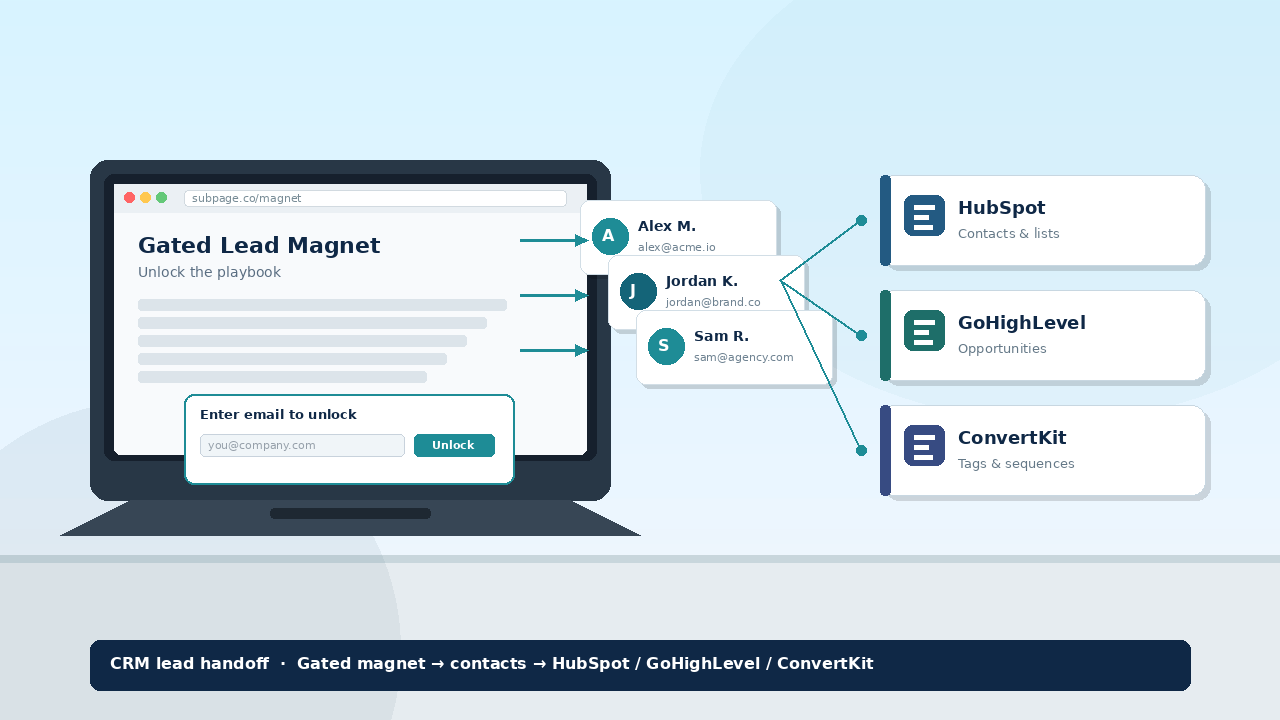 CRM Lead Handoff: Capture Gated Leads and Push Them to HubSpot, GoHighLevel, or ConvertKit