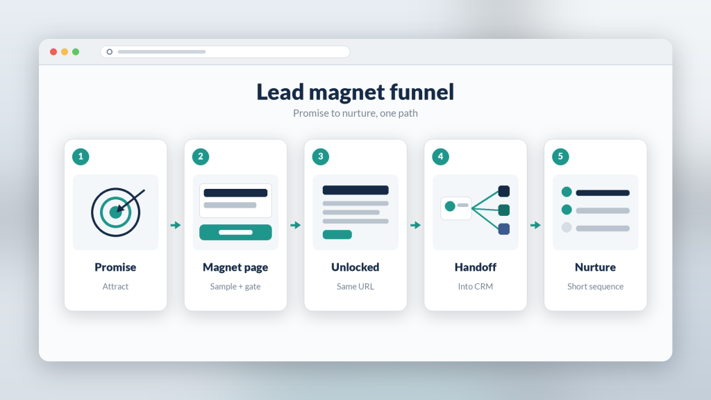 Lead magnet funnel stages from attract through CRM nurture