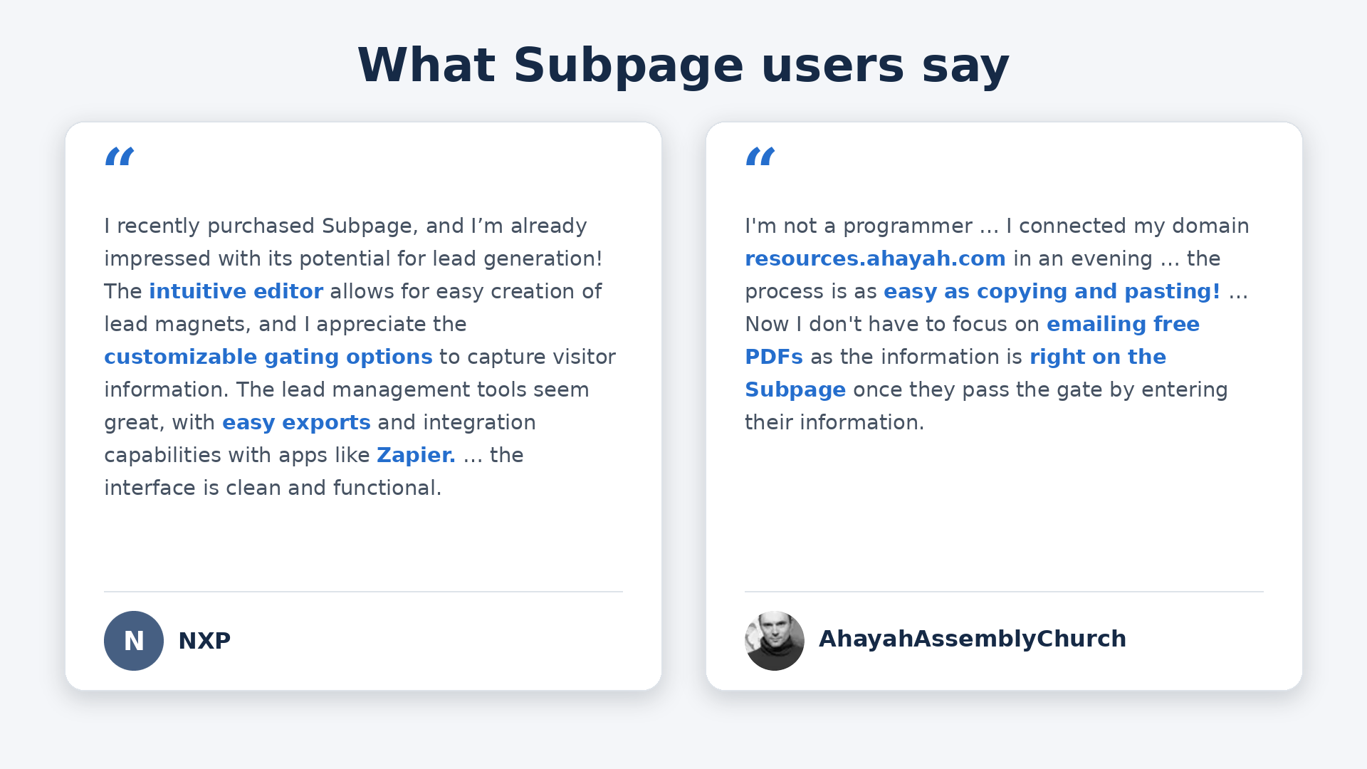 What Subpage users say — NXP and AhayahAssemblyChurch